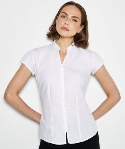 Tailored Fit Cap Sleeve Mandarin Collar Blouse