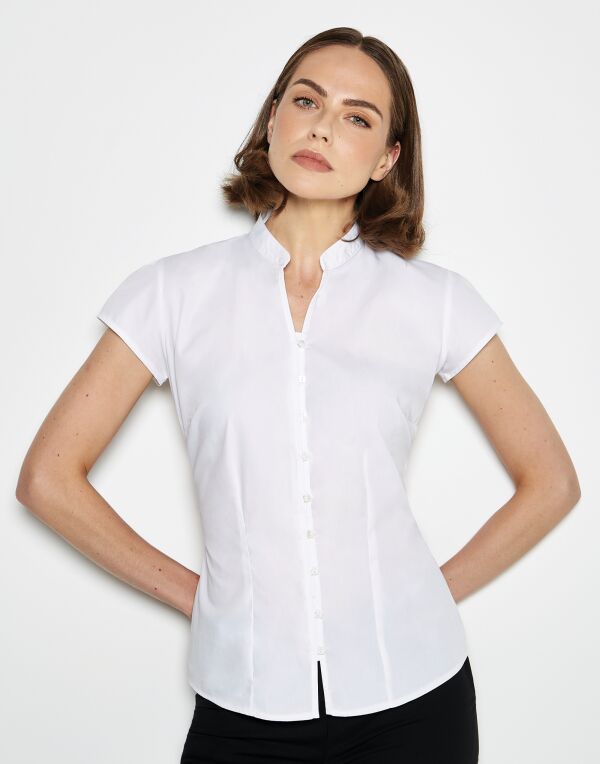 Tailored Fit Cap Sleeve Mandarin Collar Blouse